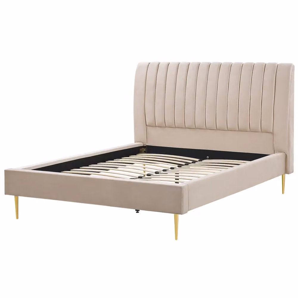 Letto imbottito Beliani in velluto beige e oro con rete a doghe in legno, L/P/H: 160 x 200 x 124 cm – 2