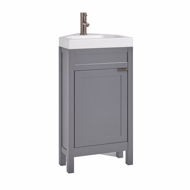Mobile Bagno Angolare Grigio Chiaro da 450mm con Lavabo e Maniglia Moderna con Impugnatura a Dito in Bronzo Spazzolato - Warwick