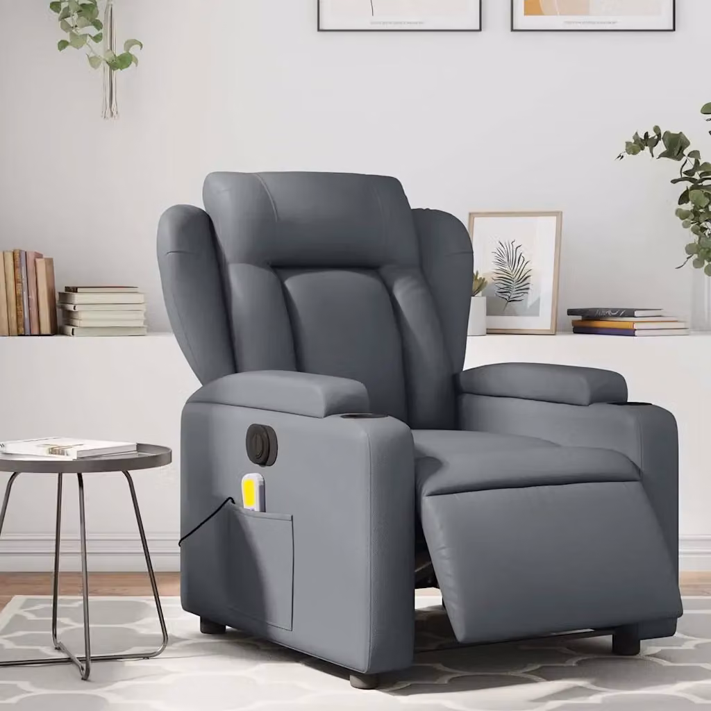 Poltrona Relax Elettrica Reclinabile in Similpelle Grigia con Braccioli e Struttura in Metallo e Legno – 2