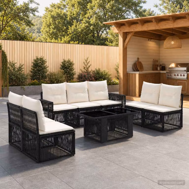 Set Divano da Giardino vidaXL 8 Pezzi in Polyrattan Nero e Bianco Crema con Cuscini e Tavolino da Esterno