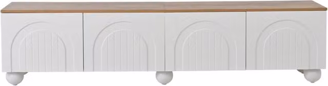 Mobile TV 180x40x45 cm con 4 ante, gambe metalliche a sfera, MDF bianco e legno, supporto per TV fino a 80 pollici