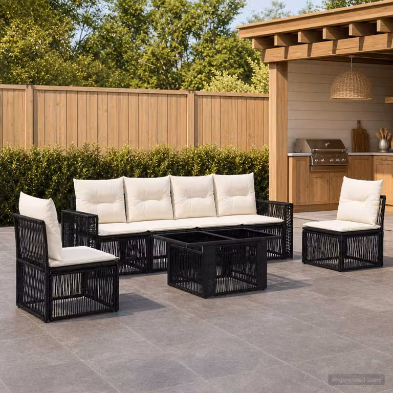 Set Divano da Giardino vidaXL 7 Pezzi in Polyrattan Nero e Bianco Crema con Cuscini e Tavolino