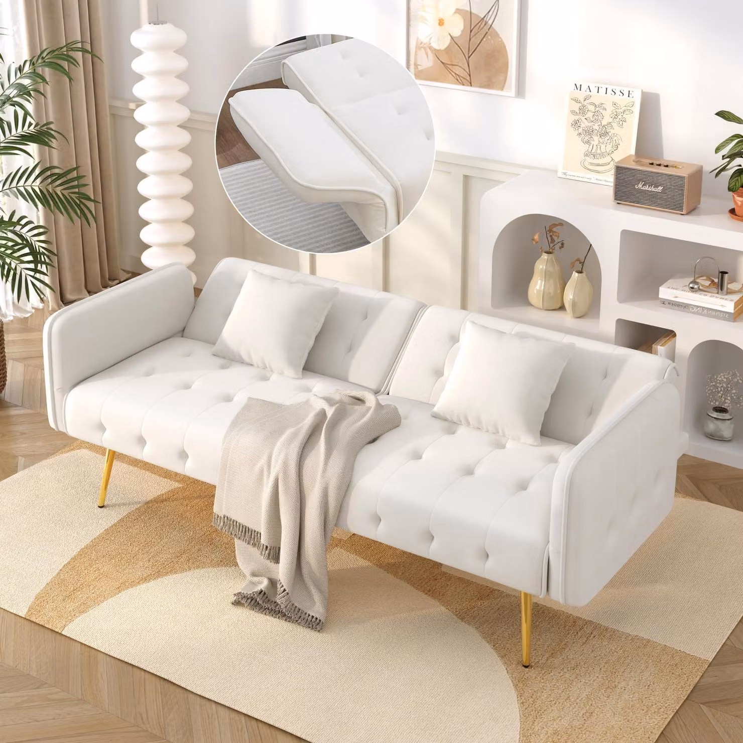 Divano letto multifunzionale a due posti Fortuna Lai con funzione letto, schienale regolabile + braccioli multiposizione. Moderno divano letto pieghevole per soggiorno - rivestimento in velluto. Ampia zona notte.