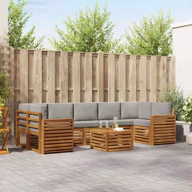 Set di divani da esterno 8 pezzi vidaXL in legno di acacia con cuscini grigi e tavolino da giardino a forma di L