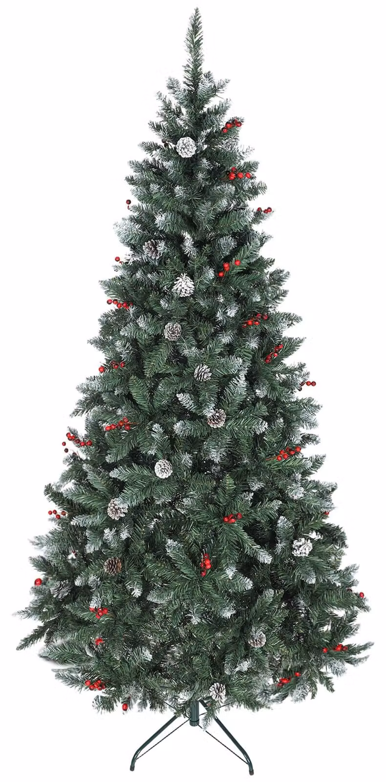 Albero di Natale Alto 210 cm 928 Rami Pigne e Bacche Rosse Base in Metallo Verde