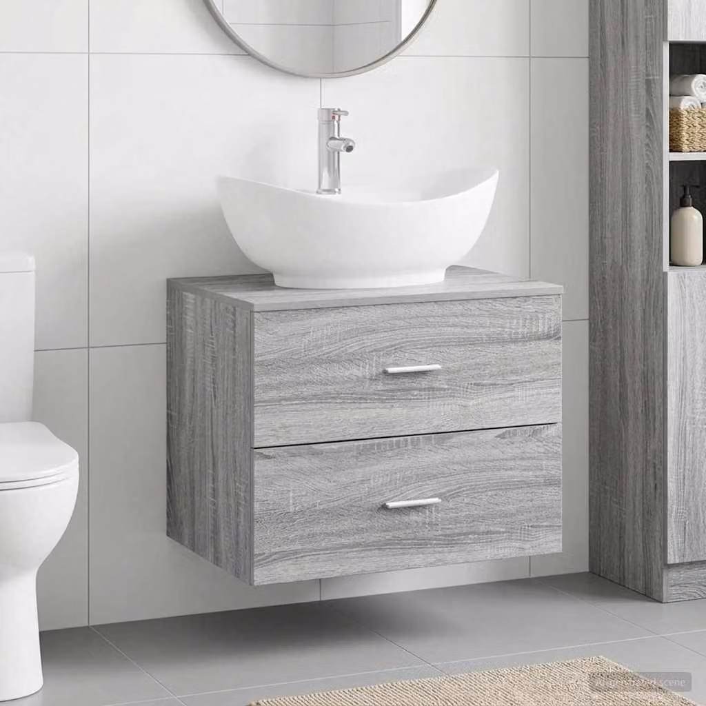 Set di mobili per il bagno moderno vidaXL in legno ingegnerizzato grigio con cassetti e ante sospesi