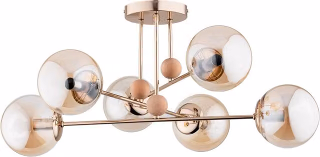 Lampadario moderno Alfa OPTY con sfere in vetro ambra e finitura oro, 6xE14, dimmabile