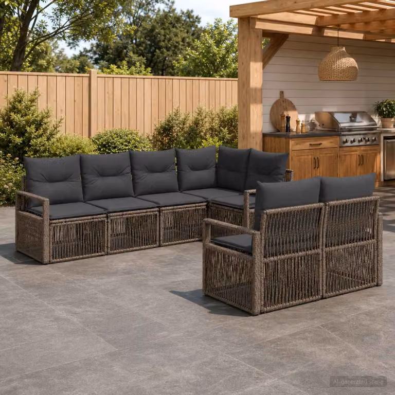 Set Divano da Giardino vidaXL a 7 posti in Polyrattan Grigio con Cuscini e Struttura in Acciaio