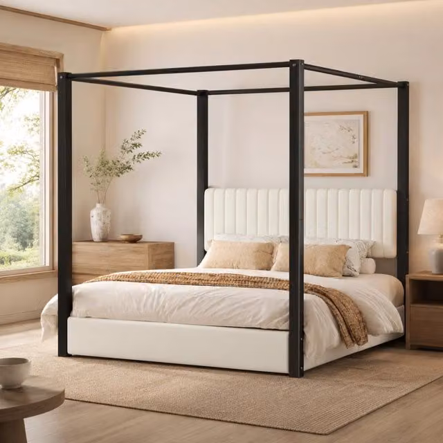 Letto a baldacchino imbottito 180x200 cm con testiera in velluto; beige e nero