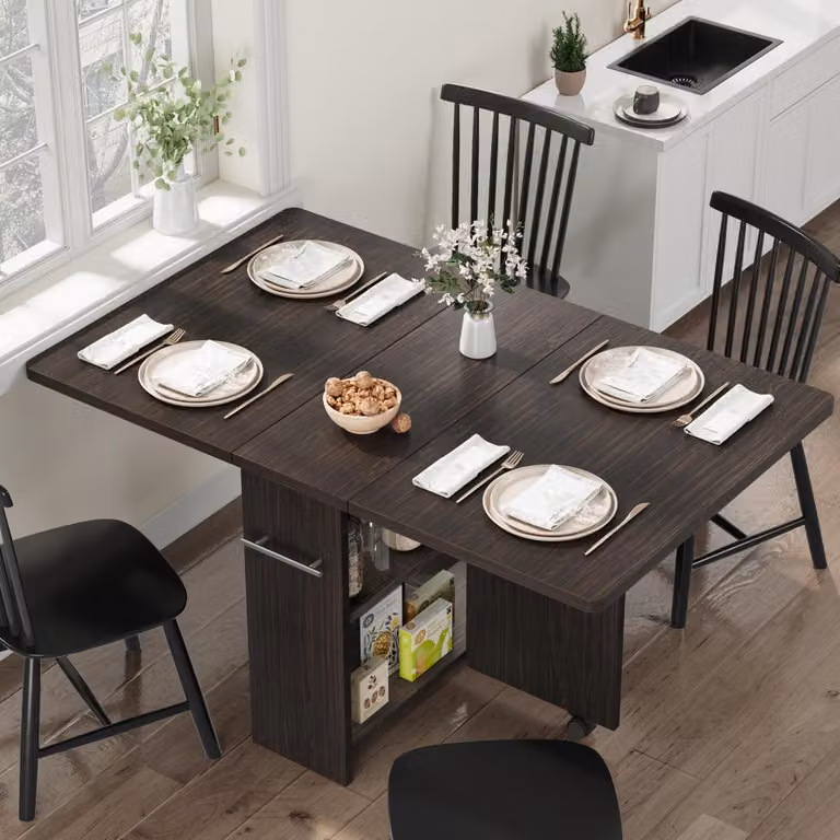 Tavolo pieghevole da pranzo con ruote e vano contenitore, color marrone scuro, dimensioni 120x60x75 cm
