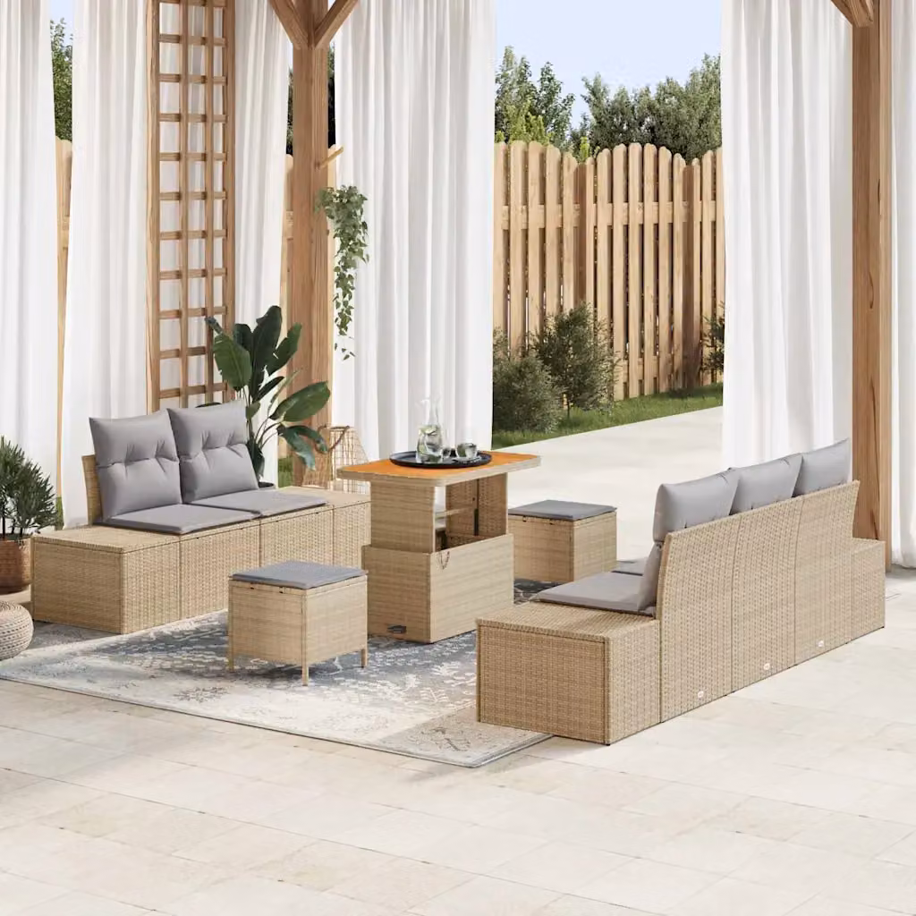 Set Divano da Giardino vidaXL 8 Pezzi Beige con Cuscini e Tavolino in Poly Rattan e Acciaio – 1