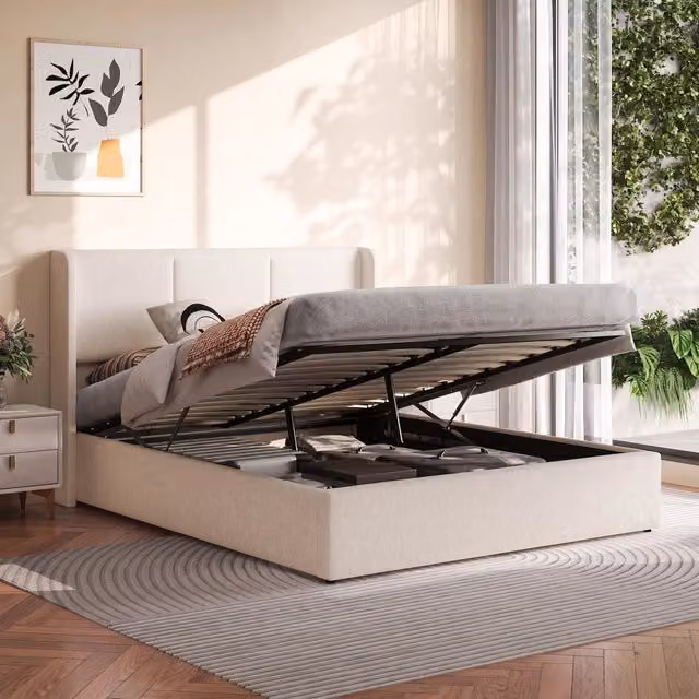 Letto matrimoniale contenitore 160x200 cm con testiera imbottita struttura letto rete a doghe vano idraulico in lino-beige