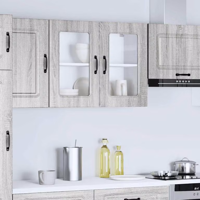 Pensile da cucina moderno vidaXL Kalmar con ante in vetro, Grigio Sonoma, L: 80 cm, H: 60 cm, P: 31 cm