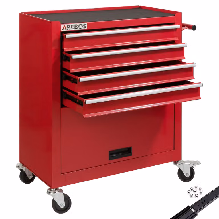 Carrello da officina AREBOS rosso | 4 scomparti + scomparto grande | tappetini antiscivolo e 2 ruote