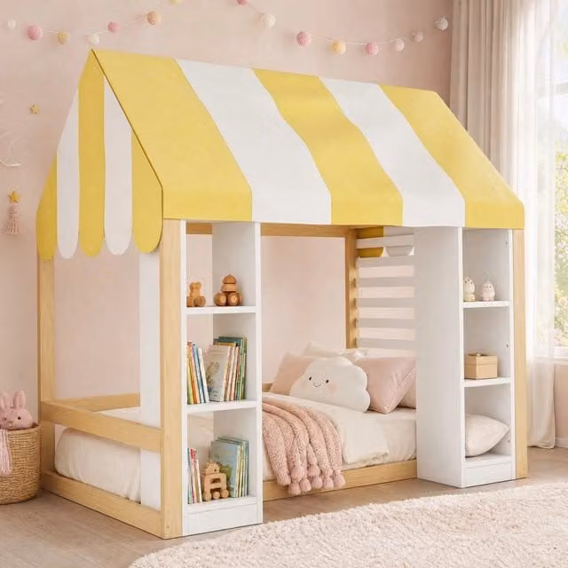 Letto per bambini 90x200 cm stile cottage con baldacchino e 2 vani a giorno