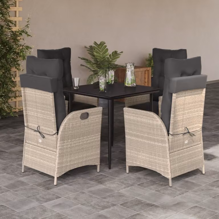 Set Pranzo da Giardino vidaXL in Polyrattan con Tavolo in Vetro e 5 Sedute con Cuscini Grigio Chiaro