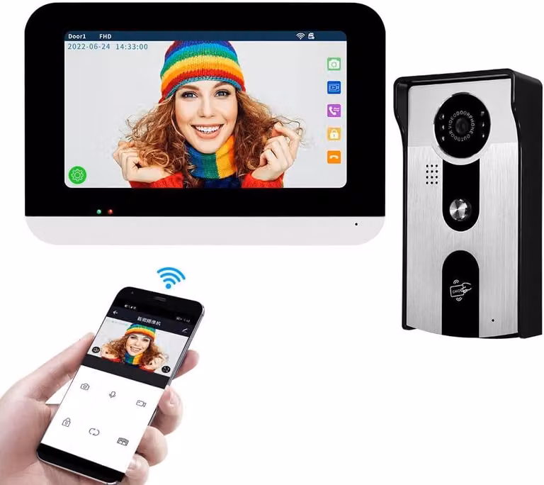 Sistema di citofono video - Schermo LCD TFT da 7 pollici - Cablato con Wi-Fi - Risoluzione HD 1080p - Alloggiamento in metallo - Visione notturna