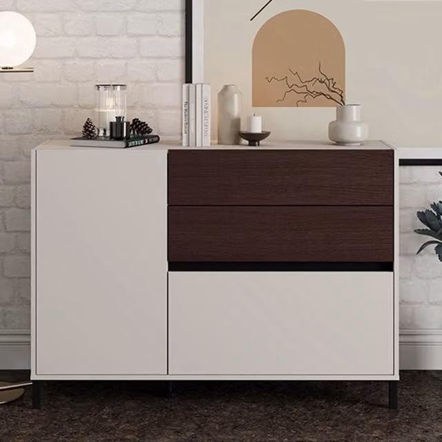 Madia Sideme DMORA con 2 ripiani, Credenza moderna per cucina e soggiorno, L/P/H: 125 x 40 x 92 cm, Bianco Crema – 1