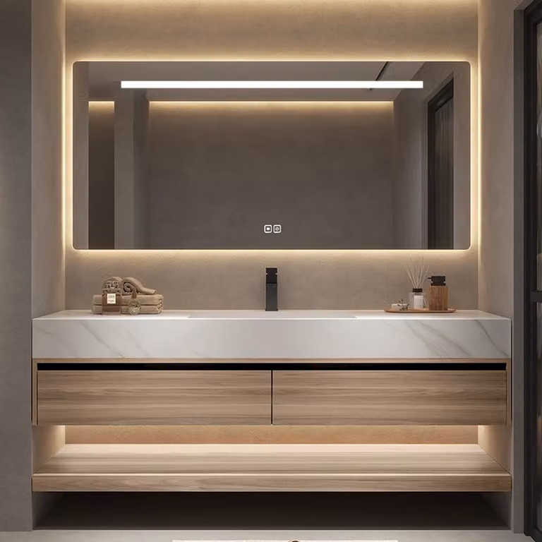Lavabo in pietra sinterizzata bianco, piano di lavoro in legno massello, mobile sottolavabo con specchio【RW3256-130 K】