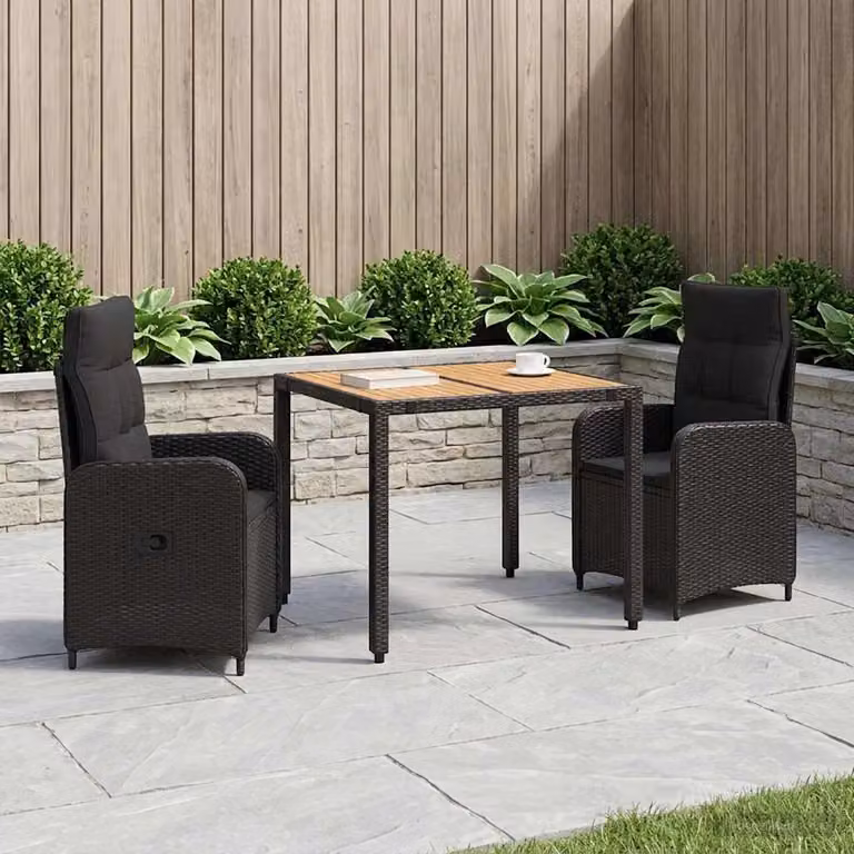 Set da pranzo per esterni vidaXL in polyrattan e legno di acacia nero, composto da 3 pezzi con tavolo quadrato L: 110 cm, P: 90 cm, H: 75 cm e 2 sedie