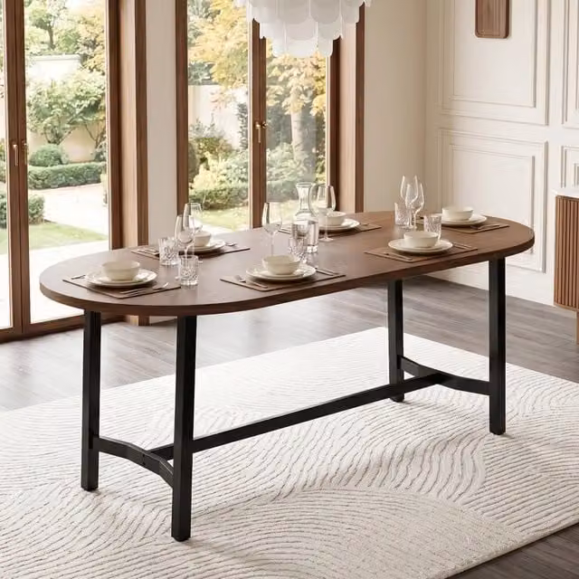 Tavolo da pranzo moderno FOLYNA con angoli arrotondati e gambe in metallo, piano in MDF laminato color marrone, L: 180 cm, P: 80 cm, H: 80 cm – 1