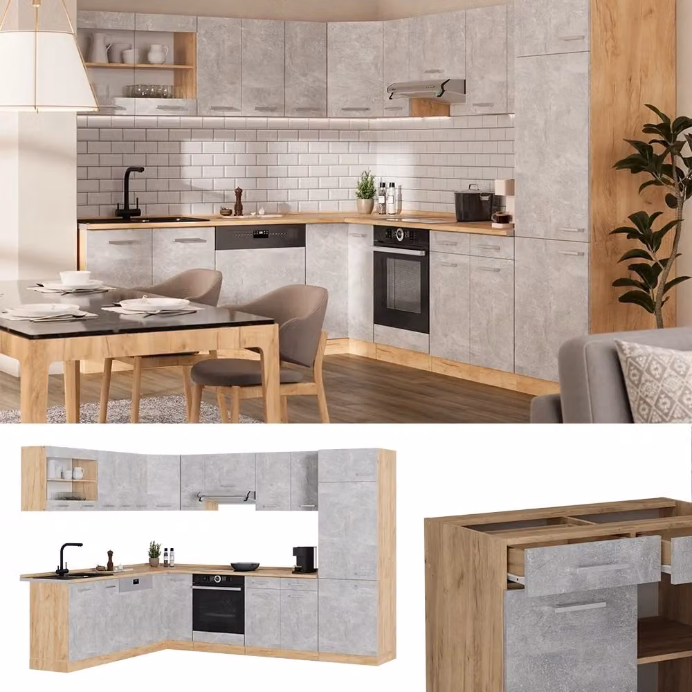 Cucina angolare moderna Vicco R-Line Calcestruzzo e Rovere dorato con ante Antracite L 287 cm x P 227 cm – 2