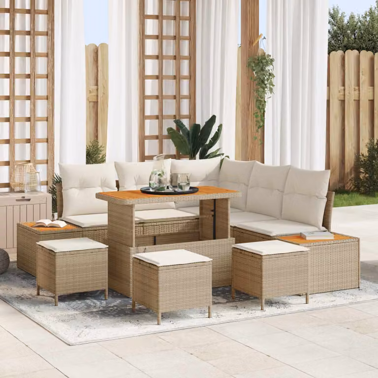 Set Divano da Giardino vidaXL 9 Pezzi a Forma di L con Cuscini Beige e Bianco