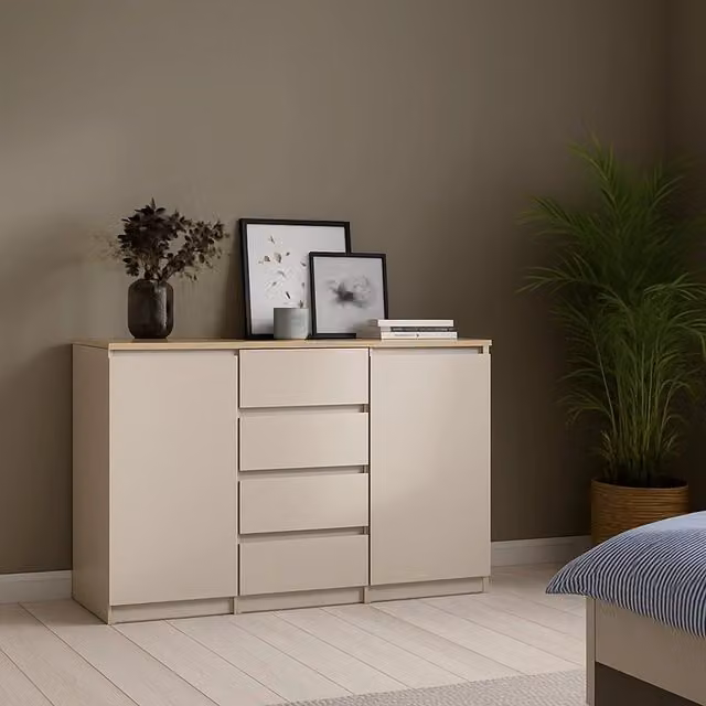 Madia Angelika DMORA con 4 cassetti, colore beige e marrone, L 121 cm x P 50 cm x H 91 cm