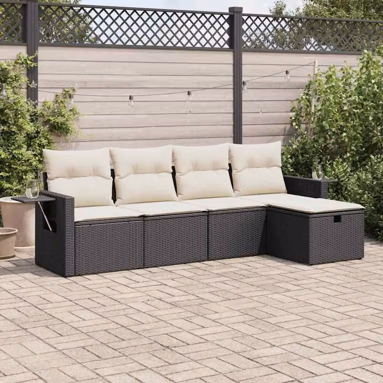 Set Divani da Giardino vidaXL 5 Pezzi in Polyrattan Nero con Cuscini e Ottoman in Forma a L