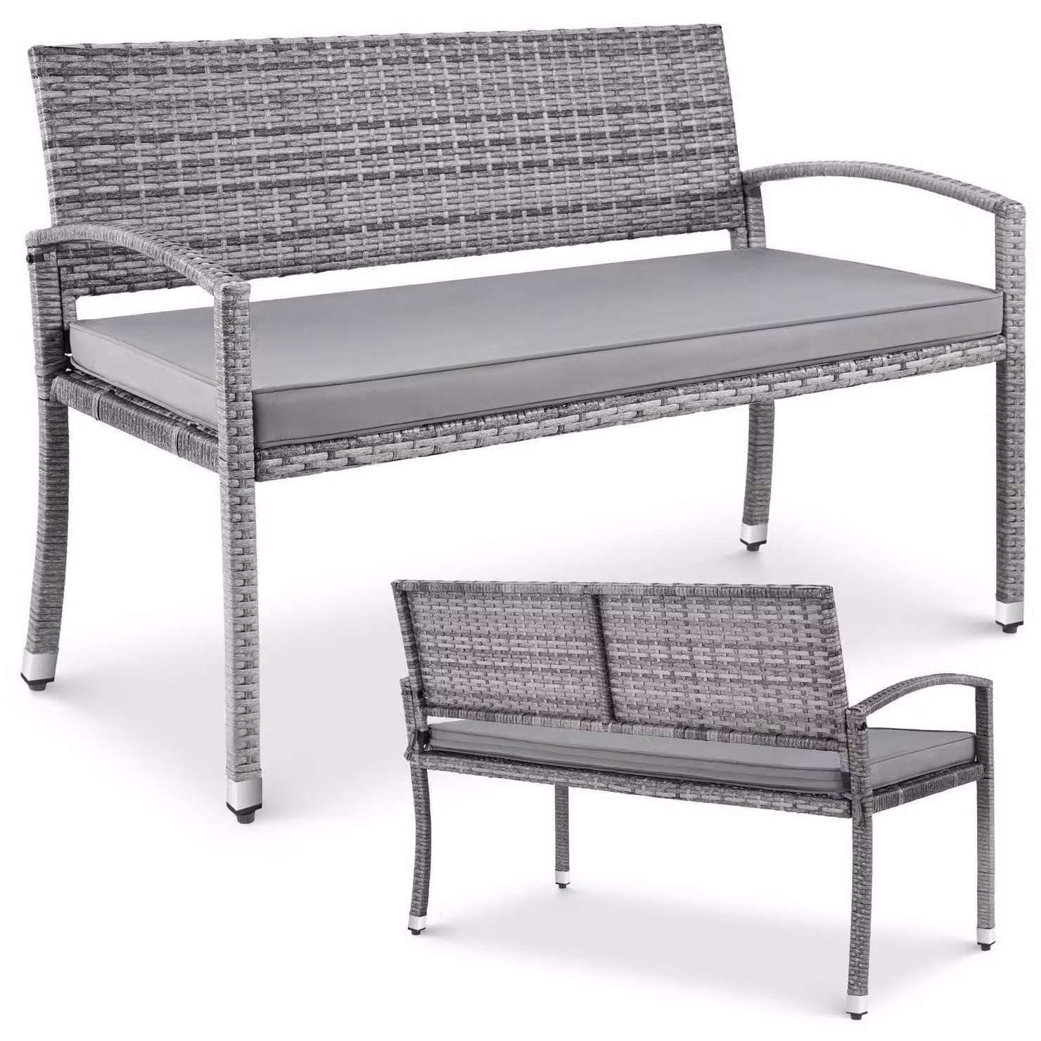 Panca da giardino per 2 persone, in rattan sintetico, resistente agli agenti atmosferici, colore grigio, dimensioni 122x60x90 cm