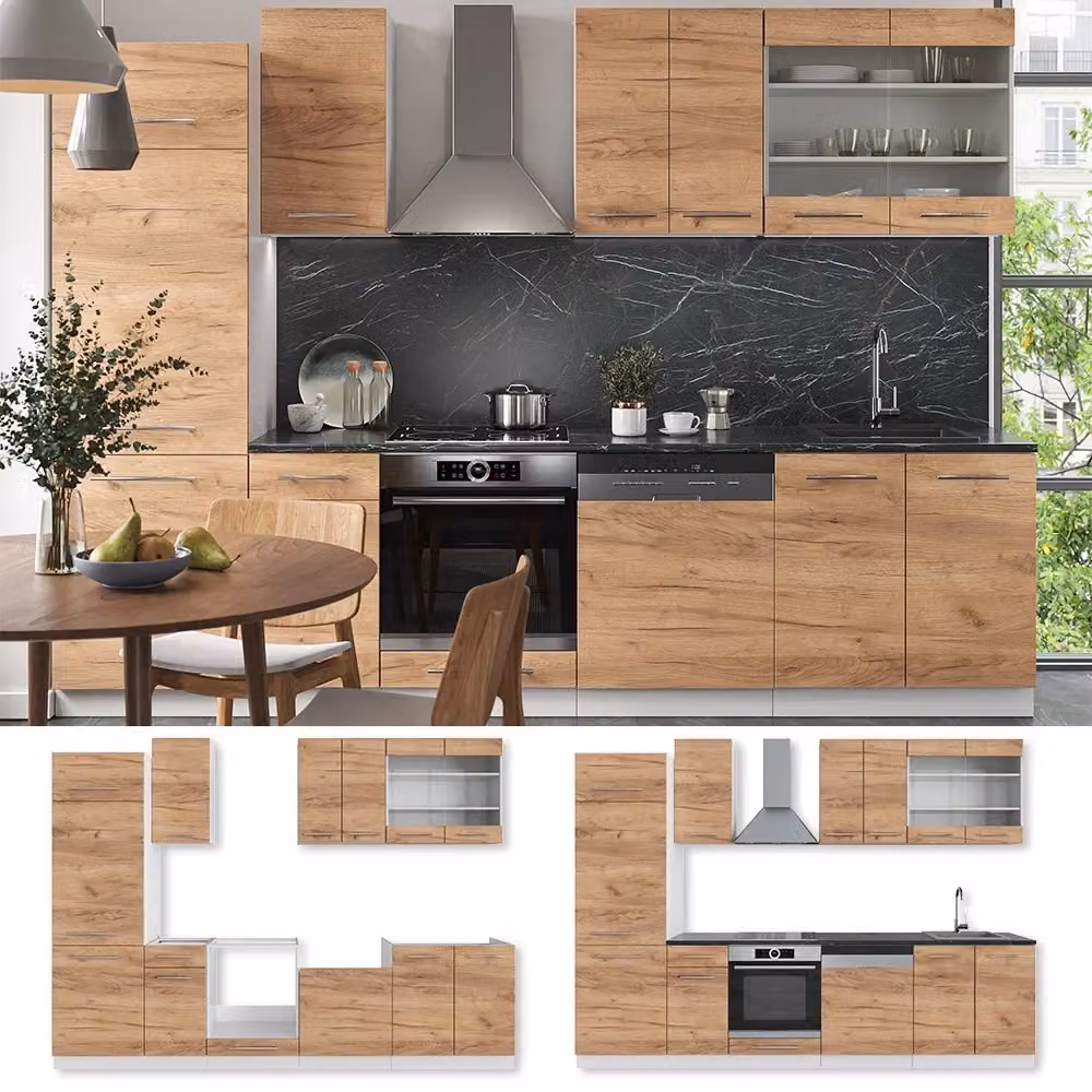 Cucina componibile moderna Vicco Fame-Line Rovere dorato e Bianco con piano Antracite L: 300 cm – 2