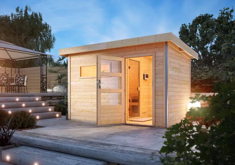Sauna da giardino Casa della sauna Karibu Skrollan 1 Riscaldatore da 38 mm 9kW Porta esterna moderna