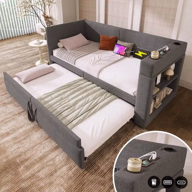 Letto Singolo Imbottito con Divano Estraibile ¨C MINIMAL ¨C Tessuto Grigio 90x200