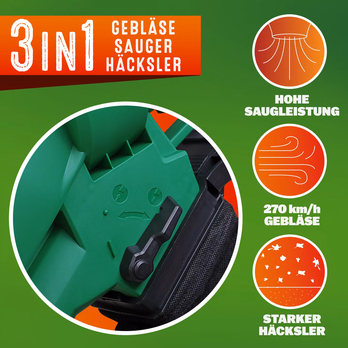 Soffiatore elettrico Gardebruk con tracolla e sacchetto, 3000W, 45L, nero e verde – 2