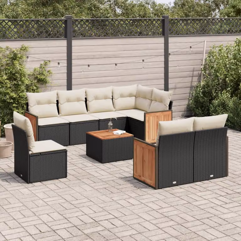 vidaXL Set Divani da Giardino 9 pz in Polyrattan Nero con Cuscini e Tavolino da Esterno a Forma di L