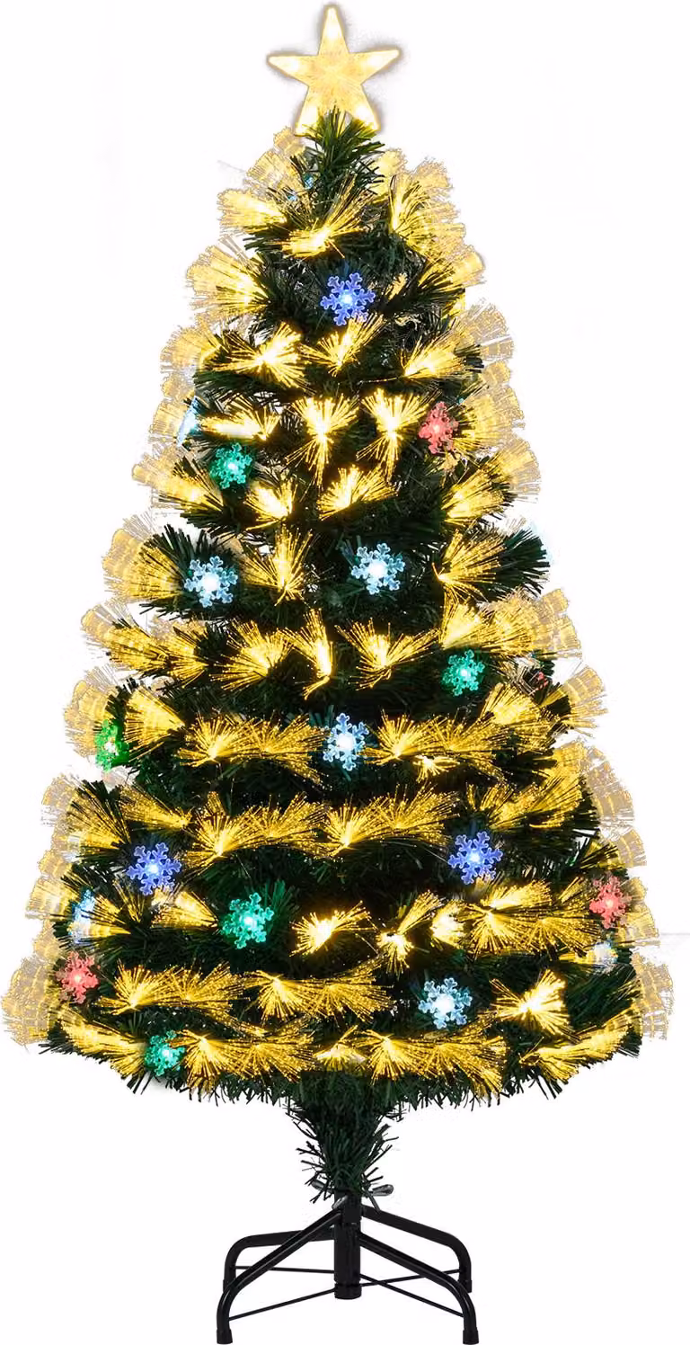 COSTWAY Albero di Natale artificiale da 120 cm con illuminazione, 8 modalità di luce, 130 punte di rami e 14 fiocchi di neve, albero di Natale in vetroresina