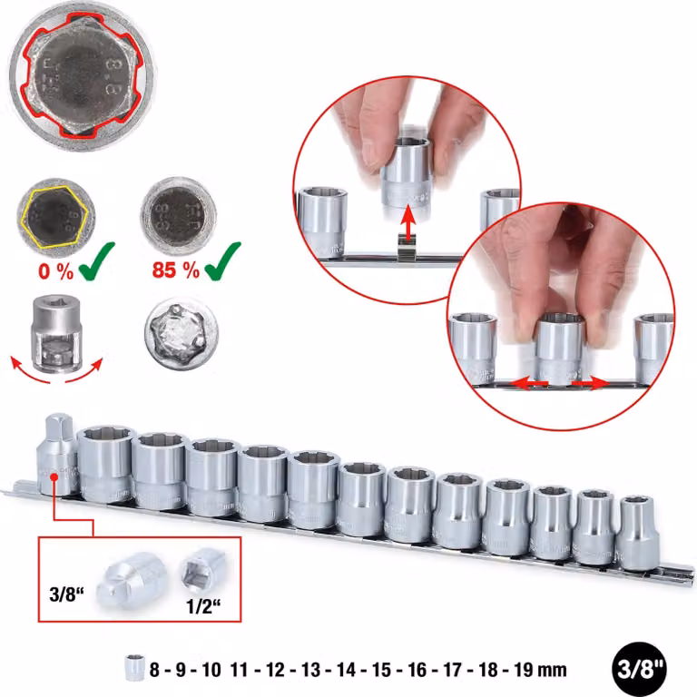 KS TOOLS Set di bussole 3/8" RESCUEpower 13 pezzi 8-19 mm - 913.3930
