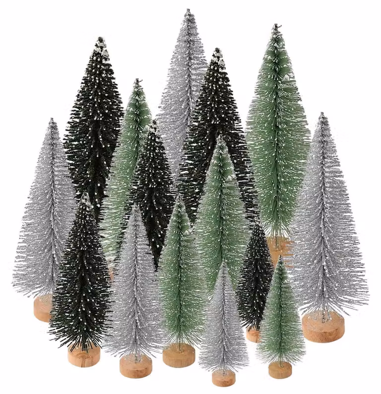 Albero di Natale in miniatura, artificiale, confezione da 15 pezzi, 3 colori, base in legno