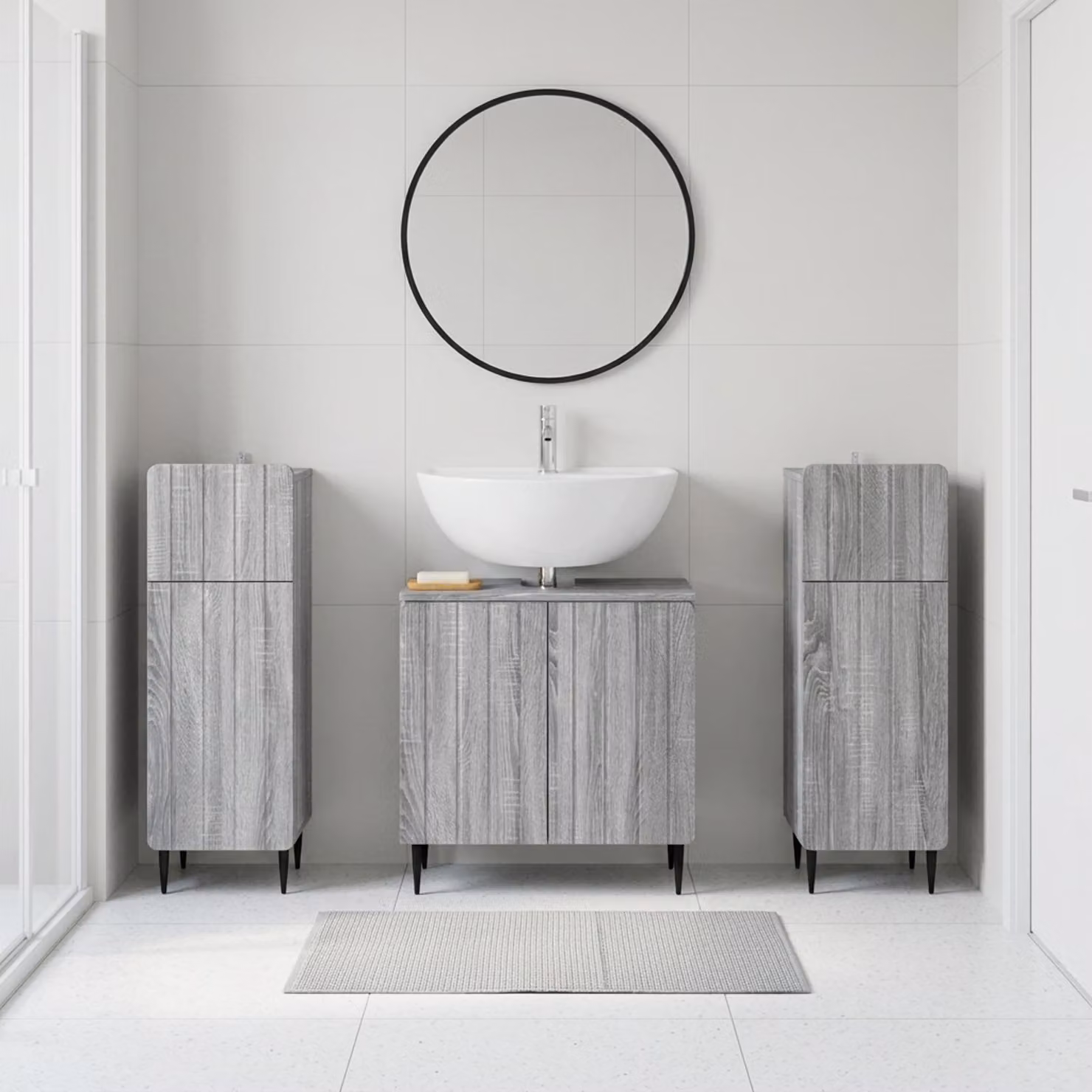 Set di mobili da bagno vidaXL ZWOLLE in 3 pezzi color grigio Sonoma con mobile lavabo e armadietti laterali