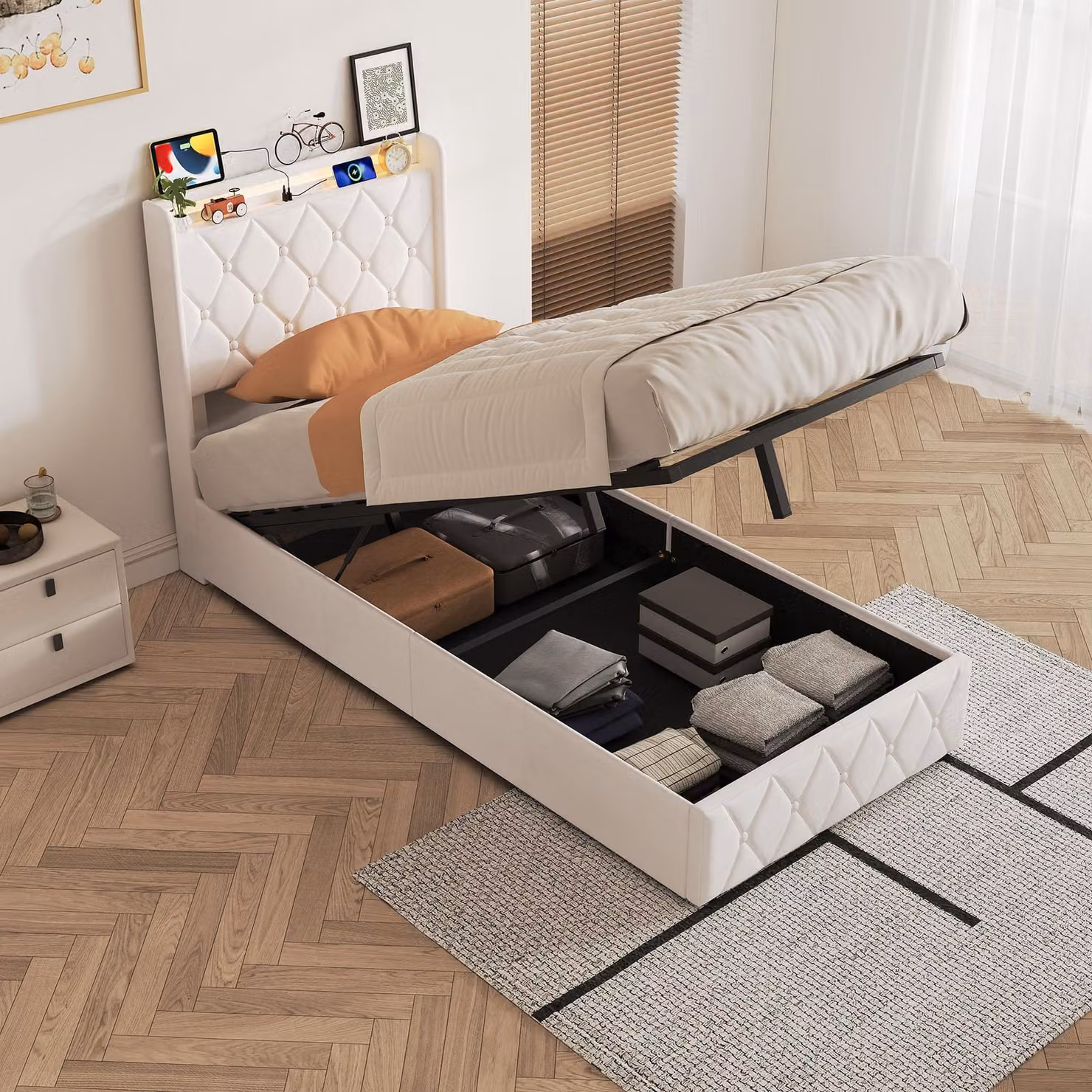 Letto singolo ProximaX, 90x200 cm, rivestito in velluto, con illuminazione LED, porta USB-C e spazio contenitore con sistema idraulico
