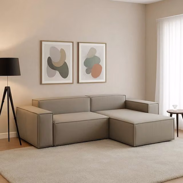 Divano componibile Amuleto di Talamo Italia, modello a 2 posti con penisola destra, design moderno in tessuto beige con funzione letto e coperture rimovibili, L: 220 cm, P: 170 cm, H: 70 cm