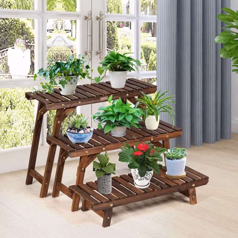 Scaffale angolare in legno di abete Costway con 3 livelli, supporto rustico color marrone per giardino e balcone