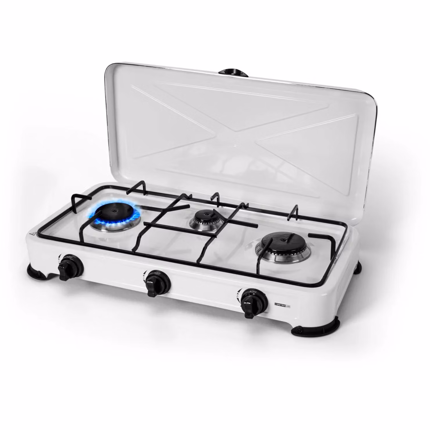 DICTROLUX Fornello a Gas con 3 Fuochi e Coperchio in Alluminio Bianco L: 57 cm, P: 27 cm