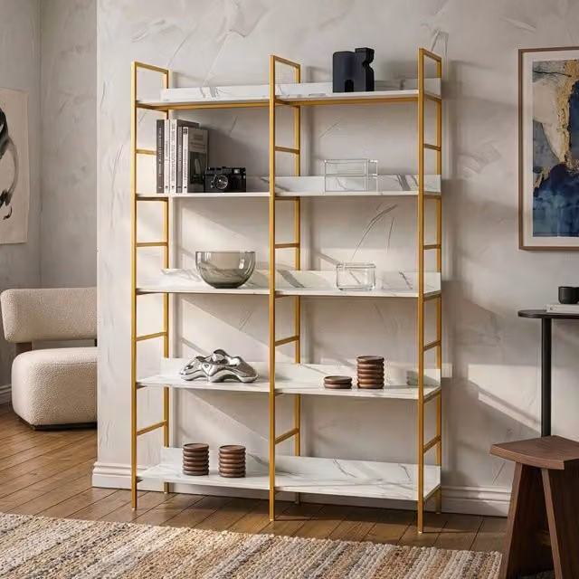 Libreria Noskik en.casa con ripiani, design moderno oro e bianco effetto marmo, L 120 x H 180 x P 30 cm – 1