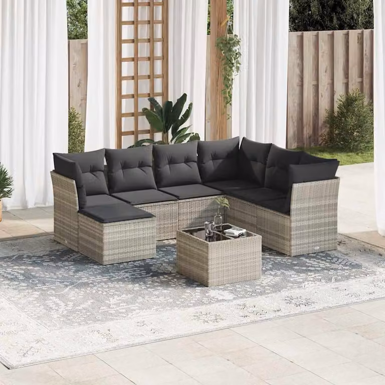 Set Divano da Giardino vidaXL 8 Pezzi in Polyrattan Grigio con Cuscini e Tavolino da Esterno