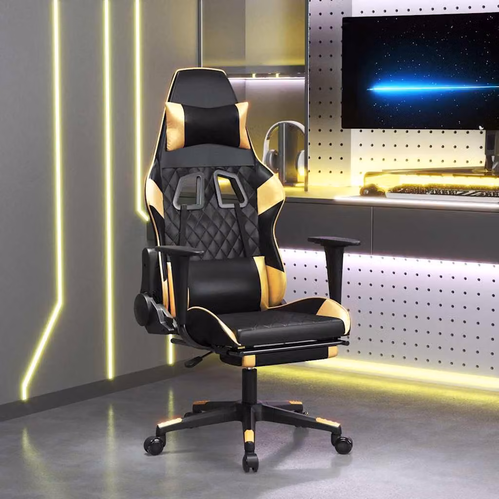 Sedia da Gaming vidaXL con Poggiapiedi in Similpelle, Colore Nero e Oro