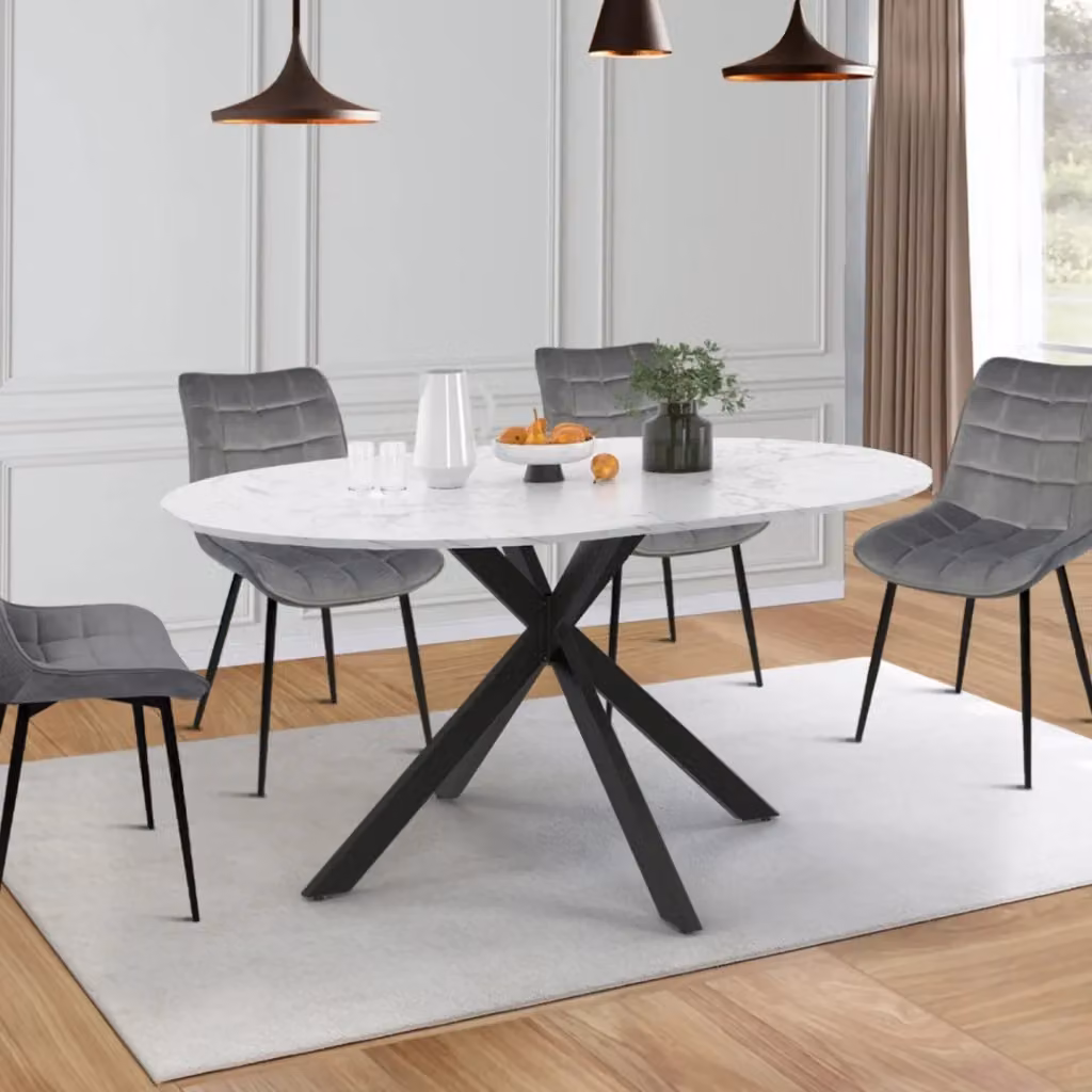 IDMarket Tavolo da pranzo rotondo allungabile ALIX per 4-8 persone con piano effetto marmo bianco ALASKA e gambe a ragnatela nere L: 110 cm, P: 110 cm, H: 76 cm – 2