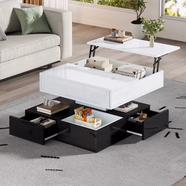 Tavolino basso alzabile MIVRAY con piano girevole 360 e 3 cassetti, design moderno bianco e nero, L/P/H: 70 x 70 x 40 cm