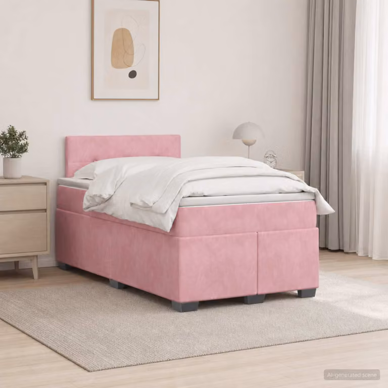 Letto con Box Spring vidaXL in Velluto Rosa con Illuminazione LED e Porta USB, L/P: 120 x 200 cm