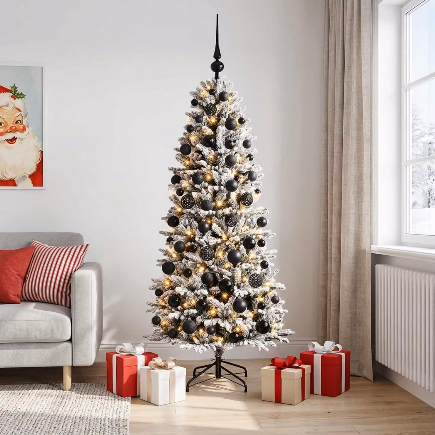 Albero di Natale artificiale con decorazioni a forma di sfera natalizia, altezza 210 cm, 300 luci LED